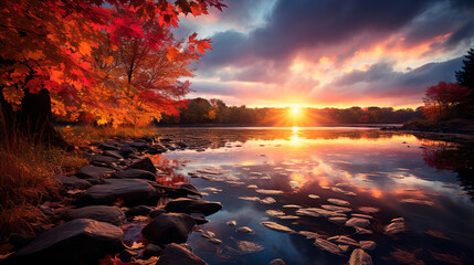 Wall Mural - sunset on the river in autumn