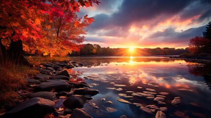 Sticker - sunset on the river in autumn