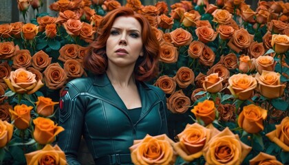 Sticker -  a woman with red hair standing in front of a field of orange roses with her hands on her hips and looking at the camera with a serious look on her face.