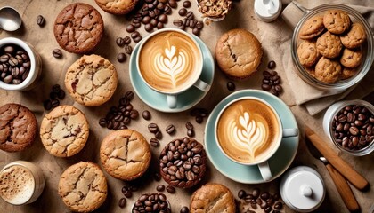  a table topped with two cups of coffee next to a plate of cookies and muffins on top of a table next to a bowl of cookies and cups of coffee beans.