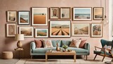 Fototapeta  -  a living room with a blue couch and a coffee table in front of a pink wall with pictures on it and a dog sitting on a coffee table in front of the couch.