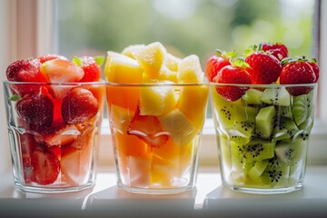 Wall Mural - Three glasses filled with colorful fresh fruits, strawberries, melon, and kiwi, on a windowsill with natural light.