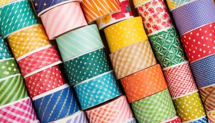 Wall Mural -  a pile of colorful washi tapes sitting on top of each other on top of a wooden table next to a pile of other rolls of different colored washi tapes.