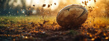 Fototapeta Sport - Banner. Ephemeral Victory. Rugby ball bounces off ground, kicking up dust and dirt as it moves. Dynamic close-up shot.