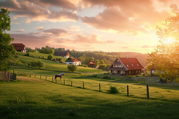 a vivid sunset in suburbs, with a focus on a horse paddock. AI generative