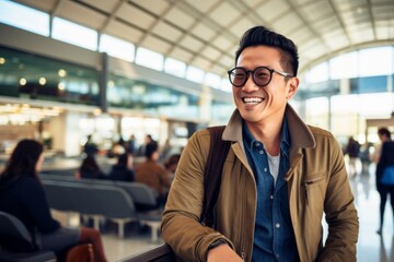 Wall Mural - Portrait of a happy asian man in his 40s wearing a trendy sunglasses against a bustling airport terminal. AI Generation