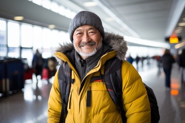 Wall Mural - Portrait of a cheerful asian elderly man in his 90s donning a durable down jacket against a bustling airport terminal. AI Generation