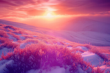 Wall Mural - plants on the ground, frozen purple and red berries, more vivid colours, sunset. AI generative