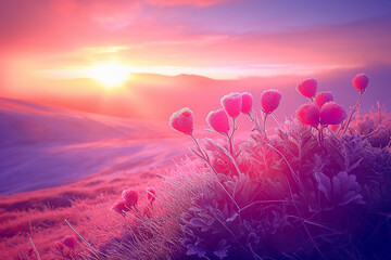 Wall Mural - plants on the ground, frozen purple and red berries, more vivid colours, sunset. AI generative