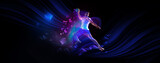 Dynamic image of young man, handball player in motion, training on dark background with polygonal and fluid neon elements. Concept of sport, action, competition, tournament. Banner for sport events