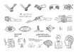 Set of human and artificial intelligence friendship icons in doodle style. Neural network icons. Robot hand. Artificial eye. Study, education, deep learning, machine learning. Hand drawn