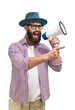 © San4ezz007 - Funny portrait of an emotional hipster guy with a megaphone. Collage in magazine style. Flyer with trendy colors, advertising copy space. Discount, sale season. Information concept. Attention news!