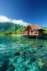 Wall Mural - Resort bungalow over tropical water in Tahiti