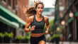 Fit young woman running on urban street, intense workout