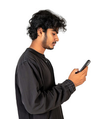 side view of a south asian person looking and holding his phone on isolated background