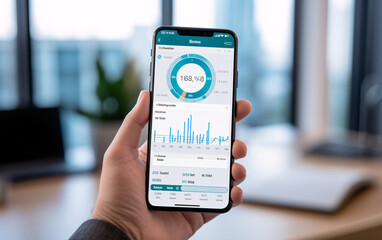 Business analytics, graph on the screen of a mobile phone with a blank screen in the hands of a man