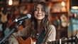 © radekcho - Young woman singer performing at music guitar store, attractive cute face, fun smile expression.
