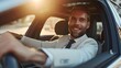© Hifzhan Graphics - Front view portrait of a happy white businessman driving a luxury car, generative AI