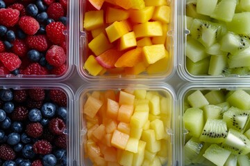 Wall Mural - Assorted fresh fruits in containers, including berries, mango, kiwi, and pineapple, top view. Healthy meal prep concept.