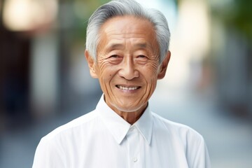 Poster - Portrait of a blissful asian elderly 100 years old man wearing a classic white shirt against a soft teal background. AI Generation