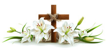 Wooden Cross With White Lilies And Crown Of Thorns