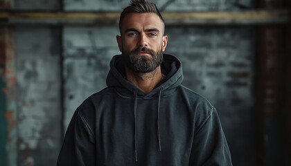Wall Mural - Bearded man wearing a black hoodie, whole body pose, mock-up, masculine dark interior, daylight., attractive face, smile expression. Mock-up of black hoodie wiith copy space for your text or logo.