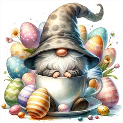 Wall Mural - An illustration of a gnome with its hat covering its face in a teacup surrounded by easter eggs, rendered in watercolor style.