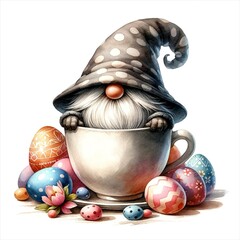 Wall Mural - An illustration of a gnome with its hat covering its face in a teacup surrounded by easter eggs, rendered in watercolor style.