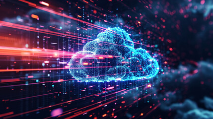 A holographic cloud protected by a digital laser grid, Cloud Security, dynamic and dramatic compositions, with copy space