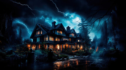 Wall Mural - haunted house in the woods