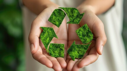 close-up of hands holding a vibrant green recycling symbol promoting environmental awareness and was