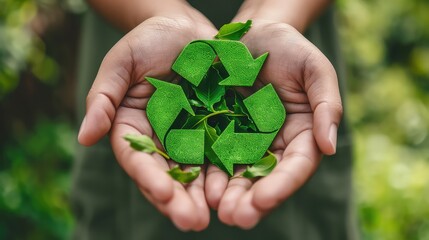 close-up of hands holding a vibrant green recycling symbol promoting environmental awareness and waste reduction