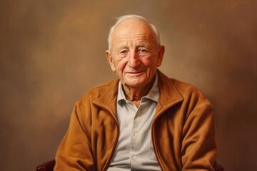 Wall Mural - Portrait of a tender elderly man in his 90s wearing a cozy sweater against a soft brown background. AI Generation