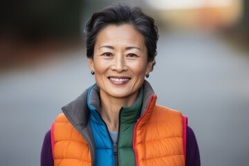 Wall Mural - Portrait of a smiling asian woman in her 40s dressed in a thermal insulation vest against a soft multicolor background. AI Generation