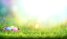 Three Painted Easter Eggs In A Birds Nest Celebrating A Happy Easter On A Spring Day With A Green Grass Meadow And Blurred Grass Foreground And Bright Sunlight Background With Copy Space.