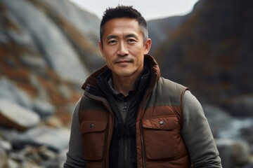 Wall Mural - Portrait of a content asian man in his 40s dressed in a water-resistant gilet against a rocky cliff background. AI Generation