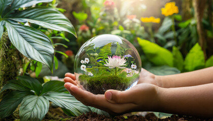 Wall Mural - Glass ball with green plants in children's hands. A symbol of environmental friendliness and protection of nature.