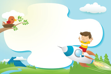 Wall Mural - Frame template cartoon, a boy on rocket with bird in its nest on tree branches