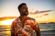 Portrait of a satisfied afro-american man in his 30s donning a trendy cropped top against a stunning sunset beach background. AI Generation