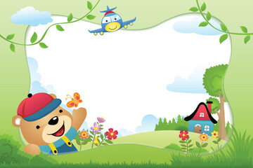 Wall Mural - frame border cartoon with funny bear and a plane on nature background