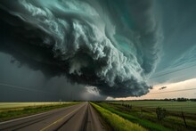 A Foreboding Landscape Looms As A Storm Cloud Swallows The Sky, Threatening To Unleash Its Fury Upon A Desolate Road Surrounded By Sprawling Grass And Towering Cumulus Clouds