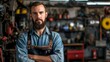© AiAgency - A rugged man with a thick beard, donning a pair of overalls and a casual shirt, stands confidently indoors with a stoic expression on his human face