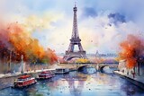 Fototapeta Paryż - Vibrant cityscape with river, depicted in watercolor style with an impressionist touch. Generative AI