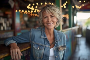 Wall Mural - Portrait of a happy woman in her 50s sporting a rugged denim jacket against a tropical beach bar background. AI Generation