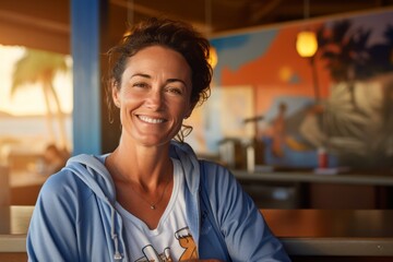 Wall Mural - Portrait of a cheerful woman in her 50s wearing a zip-up fleece hoodie against a tropical beach bar background. AI Generation