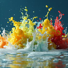 Splash, The Exact Moment When Many Colored Waters Receive An Impact And Cause A Shower Of Colors. 3D Rendering Concept Design Illustration.