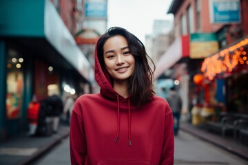 Poster - Portrait of a content asian woman in her 20s wearing a thermal fleece pullover against a vibrant market street background. AI Generation