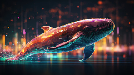 Big data visualization. Flight of a digital whale in neon colors. Information aesthetic design. Generative AI