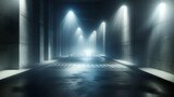 Fototapeta Na sufit - Blue Night Spotlight: Abstract 3D Interior Design with Bright Lights in an Empty Hospital Corridor