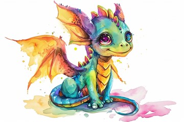 Colorful watercolor cute baby dragon character illustration on a white background